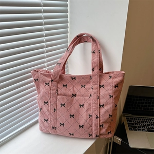 Damen Cord Handtasche Mit Schleifendruck Und Rautensteppung Große Kapazität Lässige Schultertasche Für Den Alltag