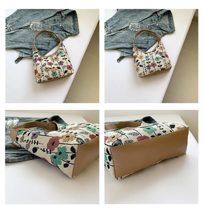Detailed views of floral embroidery and brown leather trim on a canvas shoulder bag