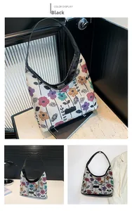 Detailed view of floral canvas tote bag featuring black shoulder straps and fashion label