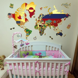3D acrylic world map wall sticker with flags and travel elements for kids bedroom decor