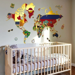 3D world map wall sticker with flags for kids room decor featuring airplane and balloons