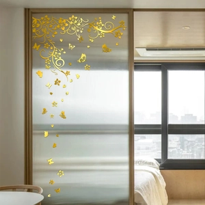 3D gold mirror wall stickers with wisteria flowers and butterfly decals for bedroom decor