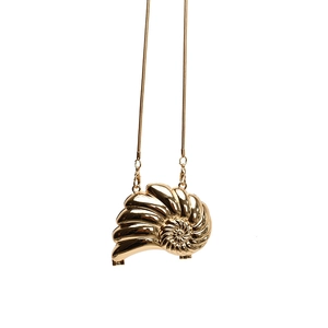 Elegant gold nautilus shell evening bag with mirror finish and snake chain strap