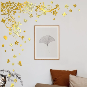 Golden 3D wisteria flower and butterfly wall stickers with mirror metallic finish
