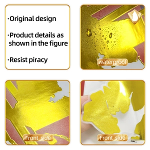 Close-up of waterproof gold foil wall sticker with metallic texture and self-adhesive backing