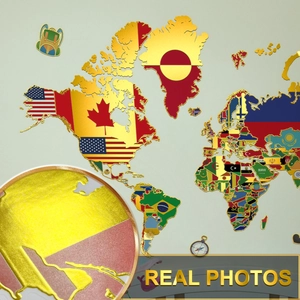 Detail showing the gold embossed world map wall stickers with national flag filling pattern