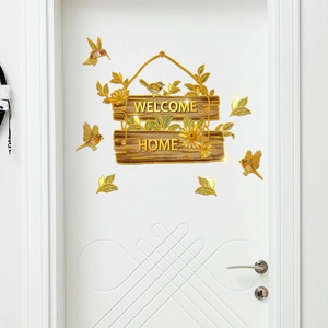 Muursticker Welcome Home met zonnebloemen, gouden vogels en deurmat in houtoptiek