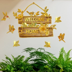 Detail van Welcome Home muursticker met zonnebloemen en kolibries op houtnerf