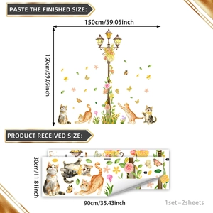 Stickers muraux autocollants aquarelle avec chats et lampadaire en feuille d'or
