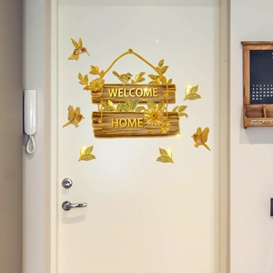 Zelfklevende Welcome Home muursticker met houttextuur, zonnebloemen en vogels