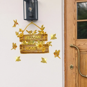 Handgeschilderd Welcome Home Muursticker Met Kolibries Zonnebloemen Planten PVC Zelfklevend Deursticker Voor Slaapkamer