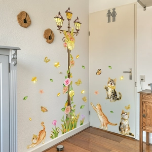 Stickers muraux créatifs avec lampadaires, chats et détails floraux dorés dessinés à la main