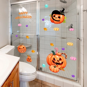 Kit adesivi Halloween con zucche e gatto nero su porta della doccia in vetro
