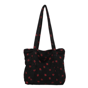 Large black corduroy tote bag with red strawberry print for daily casual use