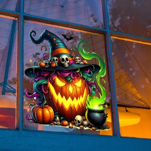 Dettaglio adesivo per finestra di Halloween con zucca in cappello da mago e fumo