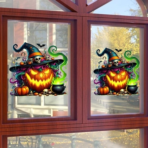Dettaglio di adesivo Halloween con zucca, cappello da strega e calderone magico