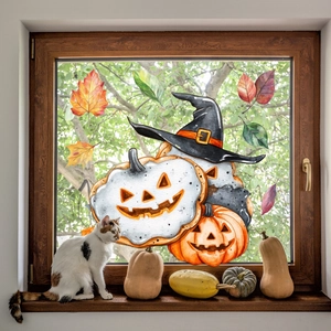 Adesivi per finestre Halloween con zucche e foglie di acero su vetro con gatto carino