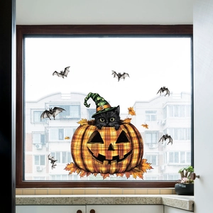 Adesivi per finestre di Halloween con gatto nero nella zucca, pipistrelli e foglie di acero