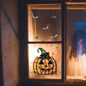 Adesivi Halloween con gatto nero in zucca a scacchi e pipistrelli per finestre