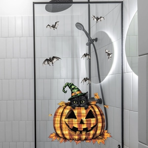 Adesivo Halloween gatto nero in zucca su porta in vetro del bagno con pipistrelli