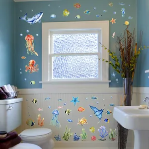 Luminous underwater world wall stickers with watercolor whale, octopus and jellyfish