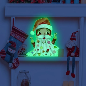 Sticker mural garçon de Noël vert lumineux avec barbe brillante et décorations festives
