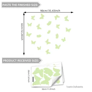 Luminous butterfly wall decal size chart showing finished 90x82cm and 30x20cm sheet dimensions