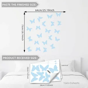 Luminous blue butterfly wall stickers set for home decor, 3 sheets pack, 73x64cm total size
