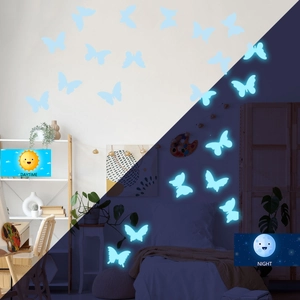 Luminous butterfly wall stickers shown in day and night views for home wall decoration