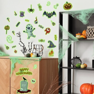 Luminous Halloween wall stickers featuring glowing pumpkins, ghosts, and bats decorations