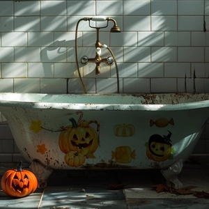 Luminous Halloween pumpkin stickers on a vintage bathtub with high-quality festival detail