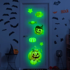 Luminous Halloween wall stickers with glowing green pumpkin and cat on dark door
