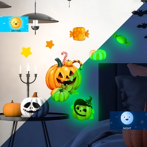 Luminous Halloween pumpkin and candy wall stickers showing day and night glowing effect