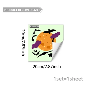 Detailed size chart showing 20x20cm Halloween wall sticker with moon and bats