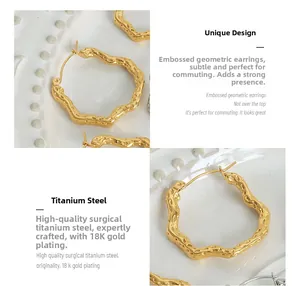 Detail of 18K gold plated titanium steel earrings with geometric wave texture