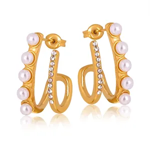 French Vintage H-Shape Earrings Stainless Steel 18K Gold Plated Shell Artificial Pearl Rhinestone Elegant Women Jewelry