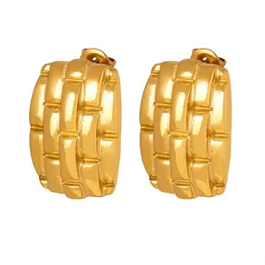 Rectangular Hoop Earrings Stainless Steel Woven Grid Texture Geometric Vintage Fashion For Women