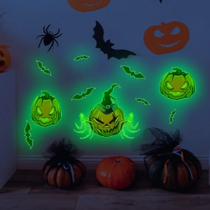 Luminous Halloween wall stickers featuring glowing pumpkins and bats in the dark night
