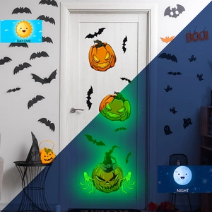Luminous Halloween wall stickers showing contrast between daytime and green glowing night effect