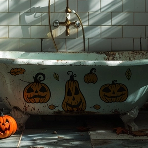 Detail of Halloween pumpkin decals on a bathtub with spooky autumn leaf elements