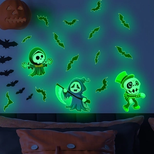 Luminous Halloween wall stickers with green glow bats and skeleton figures for bedroom decor