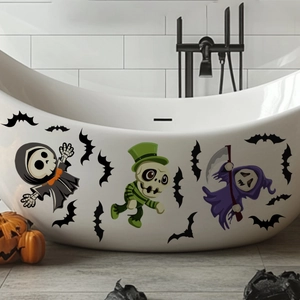 Halloween skeleton stickers applied on a white bathtub in a modern bathroom setup