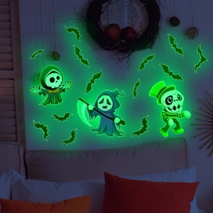 Luminous Halloween wall stickers featuring green glowing skeletons and bats in dark bedroom