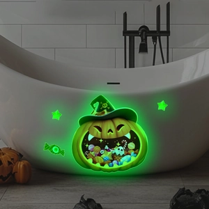 Glow in the dark Halloween pumpkin wall decal with wizard hat and candy on a white bathtub