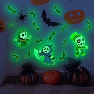 Luminous Halloween wall stickers featuring glowing green skeletons and bats in darkness