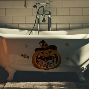 Detail of Halloween pumpkin decals with wizard hat applied on a white bathtub surface