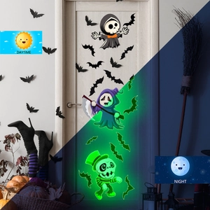 Luminous Halloween wall stickers showing contrast between daytime and green neon night glow