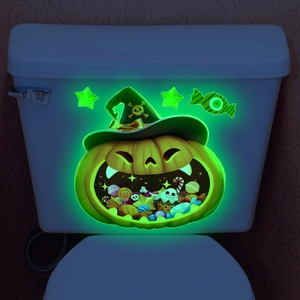 Green luminous Halloween pumpkin wall sticker with witch hat and candy decorations