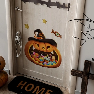 Halloween pumpkin wall decal with witch hat and candies on a light wooden door