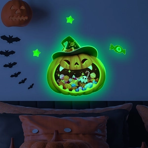 Luminous Halloween pumpkin wizard wall sticker glowing in dark bedroom with ghost details